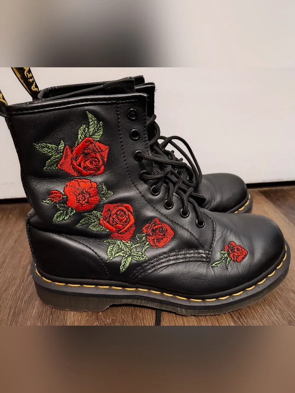 Dr. Martens Black Leather  Lace-Up Boots with Red Rose Embroidery